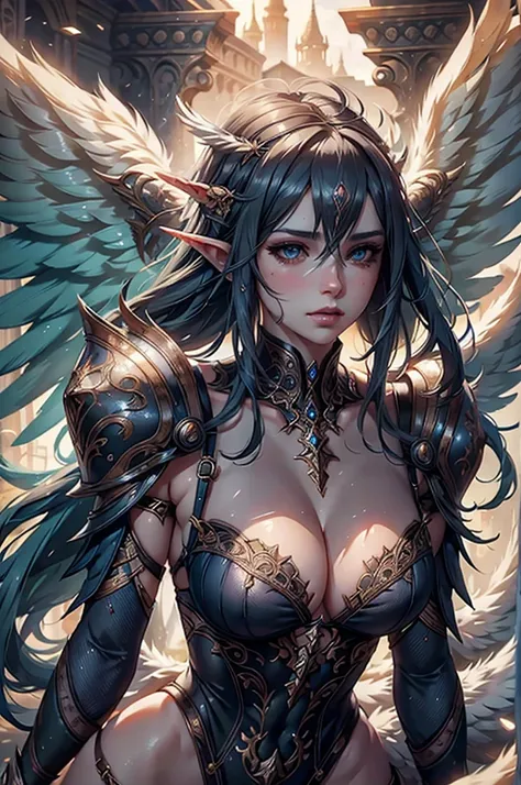 valkyria, exuberant wings, full breasts, beautifuelf l face, withering gaze  