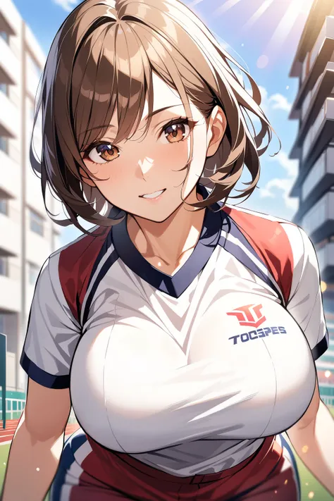  1 girl,   mature women building, vest, bow,  top quality , ,  detailed face , ,  Pull out the building ,  detailed background , Diffused sunlight,  depth of field , Bokeh、Big Breasts、Brown Hair、 track and field uniform