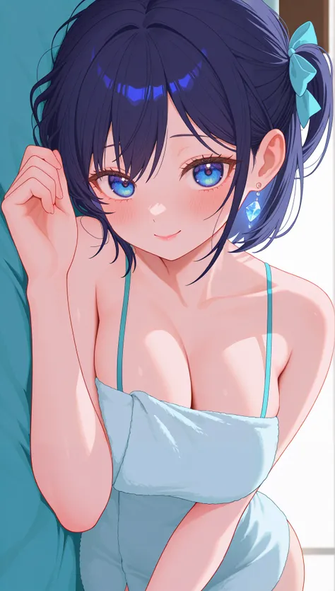 (masterpiece), (portrait), medium breasts (aesthetics), ((1 female 21 years old)), Highlight earrings), ((short hair, bow in her hair)), ((Hot crystal dark blue hair, side mini ponytail)), ((Nagisa Minase)) straight hair, thin eyes open, cold look, blue ey...