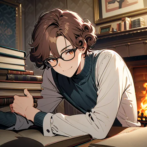   Ultra-fine,masterpiece, Awards,  High Quality  ,1 person, handsome boy,Brown Hair,23 years old,Glasses,Introvert, Fireplace Fire , Coffee,books, short hair, Curl perm, gentle smile,