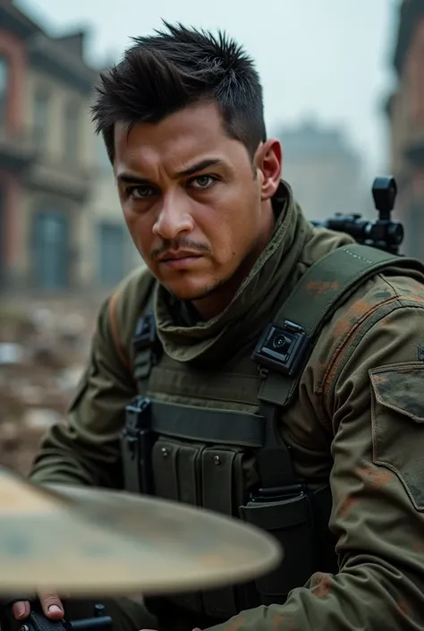 Best art extreme hyperealistic, UHD, HDR, 5D, wide shootof a handsome masculine man, black very short hair, with romantic eyes and his sights towards to camera, wears fighter military uniform complete with the atributte army forces, His face and face were ...