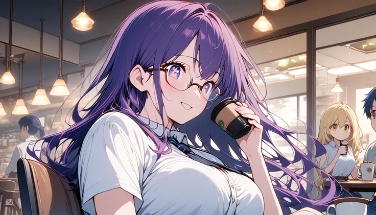 anime、Chibi girl, Hoshino Ai, Stars in my eyes, purple long hair, Ghibli, anime,Cafe, Denim with a dress shirt and tie, Sitting on a chair drinking coffee alone,,A 20-year-old girl with a kind face wearing glasses happily listening to music while coffee,Lo...