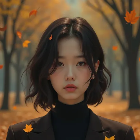 Beautiful Korean girl in her 40s.  Short Medium Length Hair . Autumn Sad Song MV promotional poster cover ，Fallen leaves，A beautiful woman is looking up at the camera， Desolate Atmosphere ，Autumn Filter ，Ultra HD，