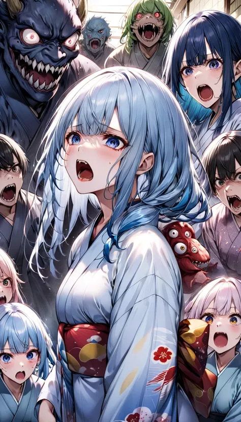 Japanese-style anime、A frightened woman with long blue hair wearing a yukata、Lots of monsters、A frightened woman with long blue hair wearing a yukata who sneaks into Hyakki Yagyos group 