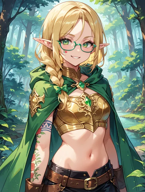 Elf, Blonde, long braid, emerald-green eyes, bratty smirk, glasses, blush, runic tattoos, tight leather armor, exposed midriff, dynamic mid-leap pose, ornate bow, vibrant forest, ethereal light, cape, line tattoos, cute, pretty, masterpiece, sexy, cloak, h...