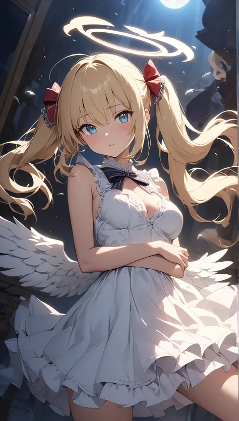 Angel、 pure white ruffle dress with feathers scattered all around、背中にAngelの羽根、Spread the big wings、Im so proud of the 、Angelの輪、Halo、night、Only the light of the full moon 、 floating in the sky、 backlit、( slim、1 person, cute young woman,  medium breasts, blo...