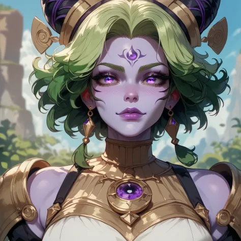 multiple views, perfect eyes、 perfectly sexy face、 ultra detailed 、ultra perfect eyes、Holo、1girls, purple skin, mdeieval girl, green color hair, full clothes, game character concept