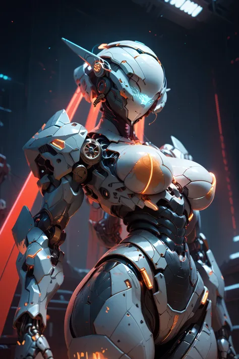 Mecha,humanoid,big breasts,metallic skin,robot joints,helmet,faceless,no face,wide hip,red neon glow,lighting