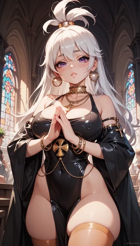 chica,  white hair, violet eyes,  blushed face,  big boobs,  thick thighs ,  tight black clothing, religious jewelry 