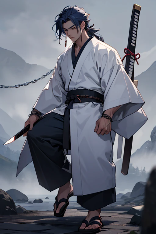  Young man,  long dark blue hair, holding a katana with one hand , Calm with a calm, full-body face and clothes like a white kimono, with chains on your wrists