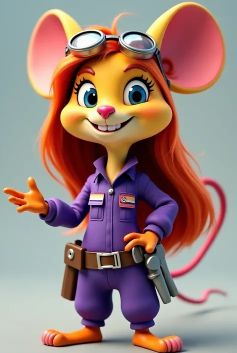 A nut with an outstretched hand is a mouse;  she is the pilot , , the inventor and mechanic of the Rescue Squad . She wears a purple jumpsuit ,  on whose belt hangs a wrench and other tools and wears canned glasses on her hair.  Her long hair changes color...