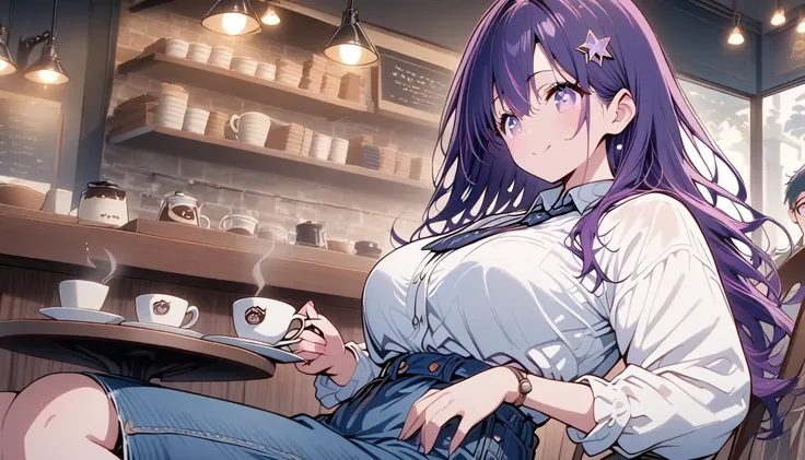 anime、Chibi girl, Hoshino Ai, Stars in my eyes, purple long hair, Ghibli, anime,Cafe, Denim with a dress shirt and tie, Sitting on a chair coffee alone,,A 20-year-old girl with a kind face wearing glasses happily listening to music while coffee,Long Hair,h...