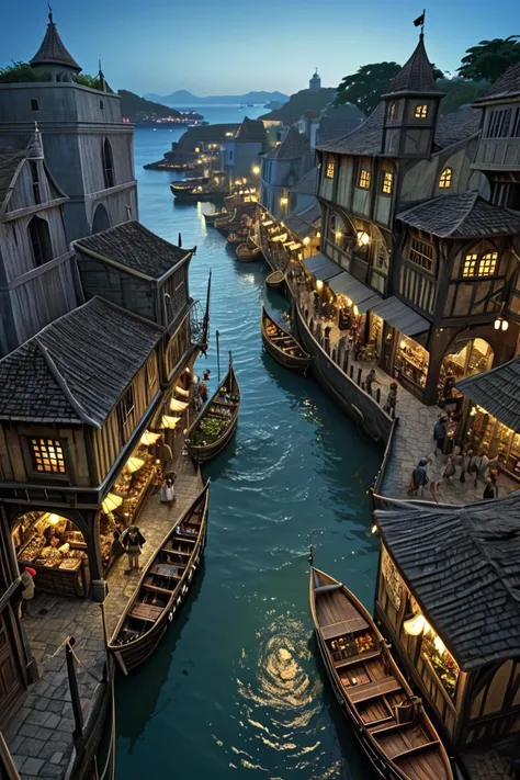 ((Faça uma ilha PIRATE, uma cidade na ilha PIRATE)) (foto 1 -Faça a primeira imagem com a  view from above da ilha) ( photo 2- Take inside the streets of the citys market ,  show stalls and bars ) (medieval, PIRATE) (time: night)  (Setting, detailed, 8k,  ...