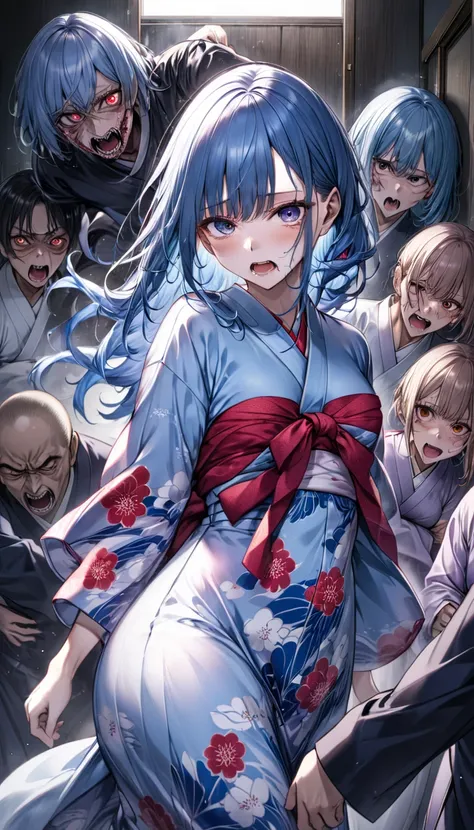 Rape by a specter、 rape、gang rape、A frightened woman with long blue hair wearing a yukata、