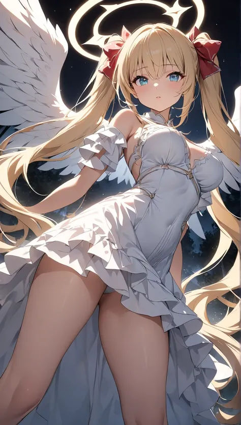 Angel、 pure white ruffle dress with feathers scattered all around、背中に大きなAngelの羽根、Spread the big wings、Im so proud of the 、Angelの輪、Halo、forest、temple、night、Only the light of the full moon 、 floating in the sky、 backlit、from below、whole body( slim、1 person, ...