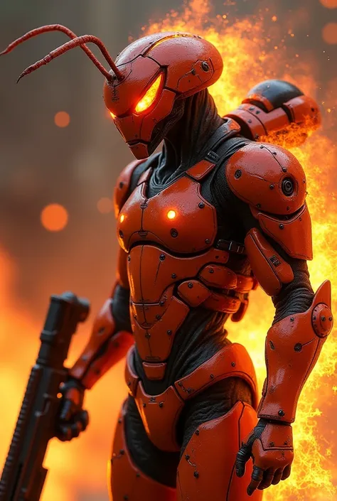 Fire Ant 
" A humanoid ant soldier with fiery reddish tones and eyes that emit a menacing glow. . Futuristic armor includes integrated flamethrowers and advanced heat systems .  Specializes in firearms and explosives , , highlighting their aggressive and d...