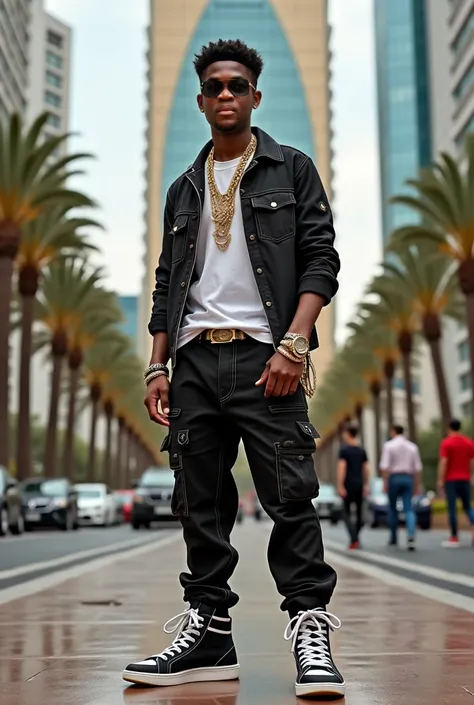  Wearing brand clothes and brand sneakers ,bracelets and Gold Silver .  Standing in the middle of the road in front of the Epic Sana hotel in Luanda 