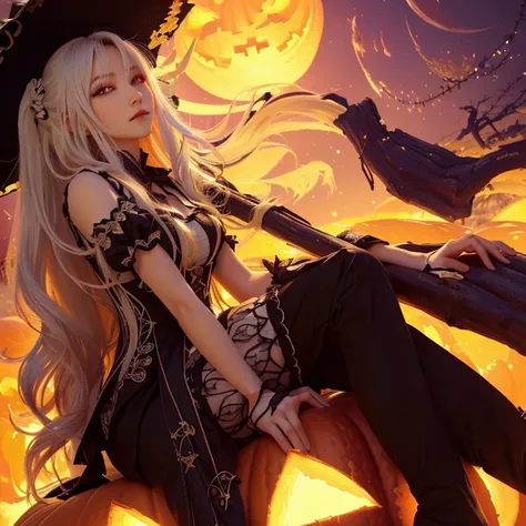  girl with long white hair sitting on a pumpkin, nightcore, best 4k konachan wallpaper, art wallpaper 8 k, mechanized witch girl, art wallpaper 4k,  art wallpaper 4 k, zerochan art, style 4 k, by Shitao, 2b, 2 b, castlevania witch, 4k  wallpaper