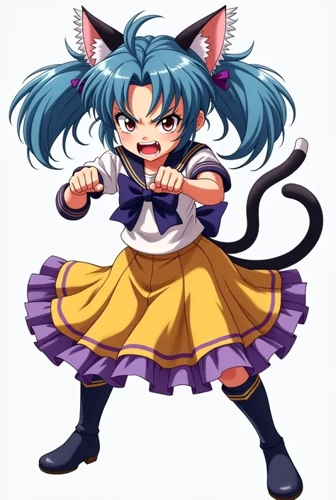 Ultra-detailed, japonese girl , nine years old , blue hair frinje twintails,  cat ears, angry , sailor senshi cosplay , yelow skirt purple babados , long boots , cat tail , posed