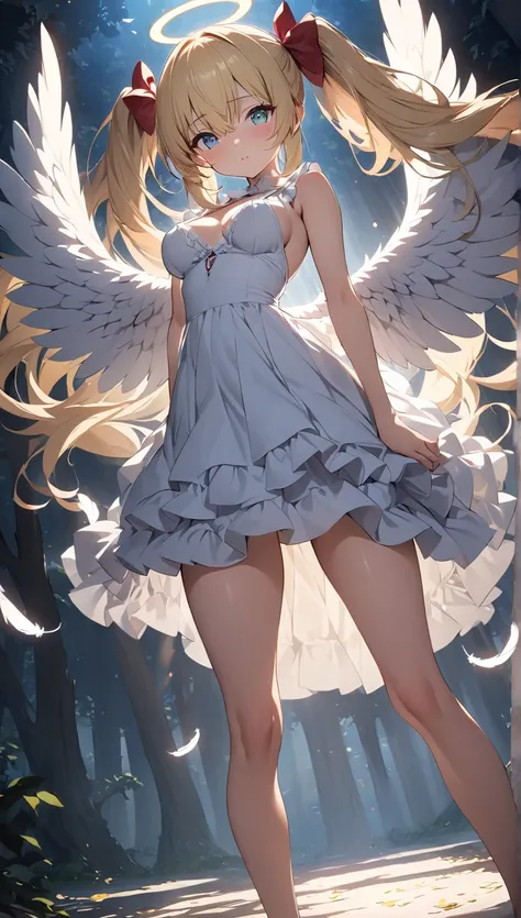 Angel、 pure white ruffle dress with feathers scattered all around、背中に大きなAngelの羽根、Spread the big wings、Im so proud of the 、Angelの輪、Halo、forest、temple、night、Only the light of the full moon 、Angelは空に浮かんでいる、 backlit、from below、whole body( slim、1 person, cute y...