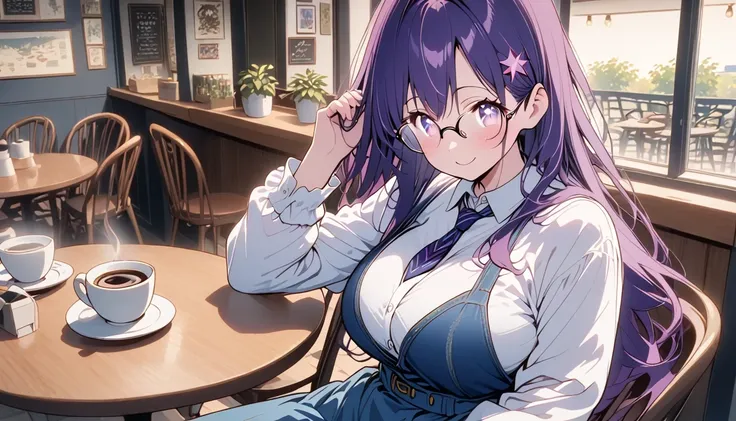 anime、Chibi girl, Hoshino Ai, Stars in my eyes, purple long hair, Ghibli, anime,Cafe, Denim with a dress shirt and tie, Sitting on a chair coffee alone,,A 20-year-old girl with a kind face wearing glasses happily while coffee,Long Hair,high resolution, big...