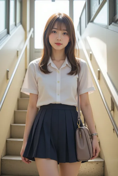 A serene morning in Japan, capturing the essence of a typical school day. A beautiful Japanese high school girl, dressed in a neatly pressed uniform with a pleated navy-blue skirt and a crisp white blouse, ascends the station’s sunlit staircase. Her school...