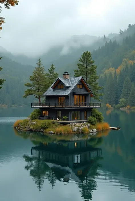 A lake surrounded by forests is a small island in the middle of the lake there is a modern house with two floors above the island. Next to the house there is a tall man and a tall sexy woman with orange hair and they are kissing a hand of the man on the wo...