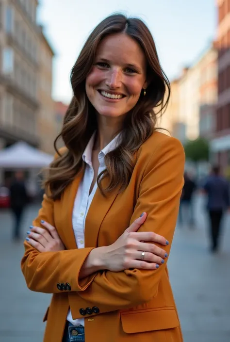 femme 30 ans, shooting photo vêtements tendance en ville, visage discret, cheveux lisse, avec un sourire charmeur au visage réaliste et naturel