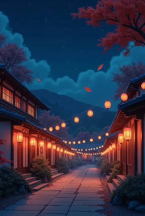 Anime Japanese village outdoors with orange Japanese lamps hanging around and few autumn leaves in the air at night with a blue starry sky 