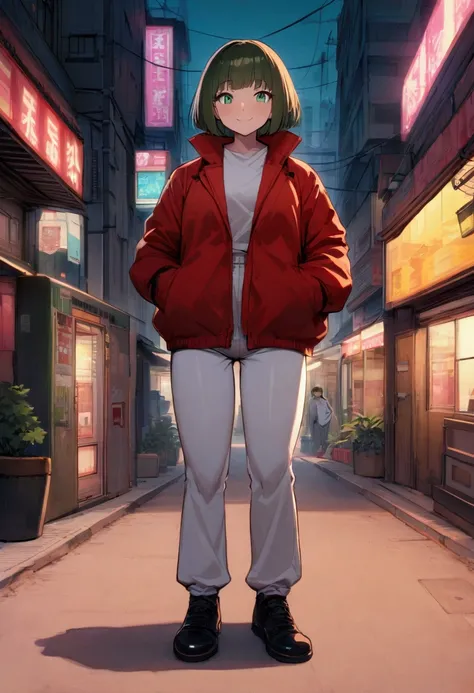 a Very Tall and pretty Anime adult Girl (about 511 feet tall) in a cyberpunk street background in the dusk with a happy smile, Taller, 181 cm tall, happy, black green eyes, a little messy brown trimmed bob cut hair, red jacket, white shirt and a poorly fas...