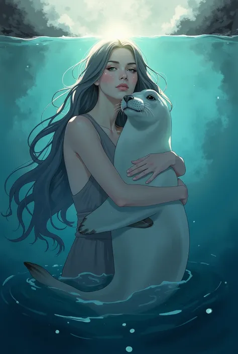 ((line-art Anime, manga aesthetic, highly detailed, vibrant colors, dynamic lighting, soft shading, 8k resolution, masterpiece)),(((1girl_seal:1.2)))A woman emerging from water, with a seal climbing up beside her to embrace her, symbolizing harmony and con...