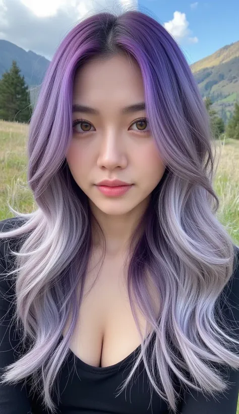 photograph in the mountains of a beautiful 25-year-old woman,  hair dyed in a gradient of unusual colors,  like metallic violet that melts into pearl gray,  long hair,  wavy hair, olive-tone skin , big eyes bright amber 