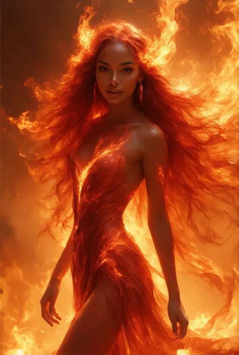 The Phoenix Flame Dancer: A powerful and passionate warrior with long, flowing, vibrant red hair that seems to writhe like flames, often styled in an extravagant manner and adorned with molten metal and phoenix feathers, and her movements are graceful and ...