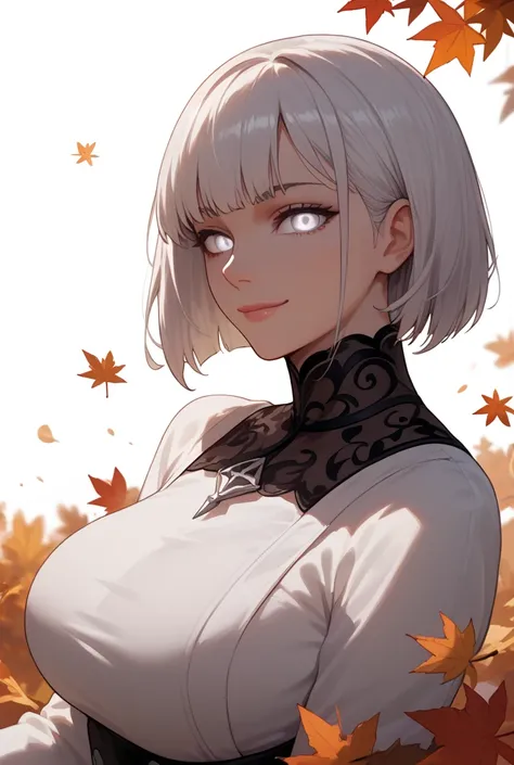 Score_9, Score_8_up, Score_7_up, 1girl, autumn, darkness, black veil, bob cut, breasts, white dress, closed mouth, big breasts, long sleeves, looking at viewer, long hair, white background, swept bangs, off the shoulder, eyes whites, bright okos, upper par...