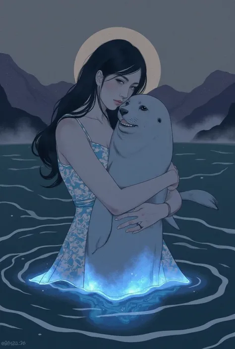 ((line-art Anime, manga aesthetic, highly detailed, vibrant colors, dynamic lighting, soft shading, 8k resolution, masterpiece)),(((1girl_seal:1.2)))A woman emerging from water, with a seal climbing up beside her to embrace her, symbolizing harmony and con...