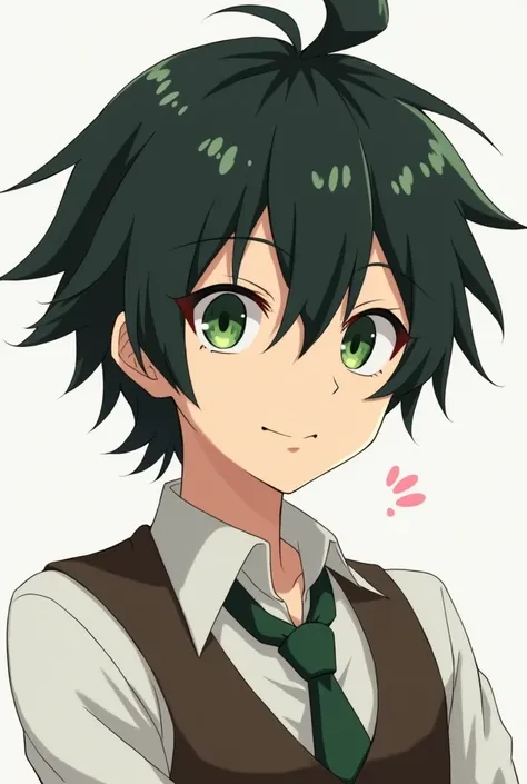  Adult male anime in the style of bungo Stray dogs ,  black black hair with a white tuft , forest green eyes ,  white shirt with tie and brown vest ,  has three distinctive marks under the eyes ,  three long locks of bangs and slightly short and unruly hai...