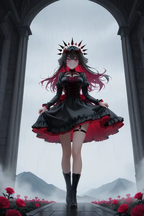 attractive woman, with long hair and black color ,  with different colored eyes , wearing a provocative dress ,  standing in front of the entrance of a modern castle located on a mountain covered by dense fog and light rain,  giving her a terrifying look  ...