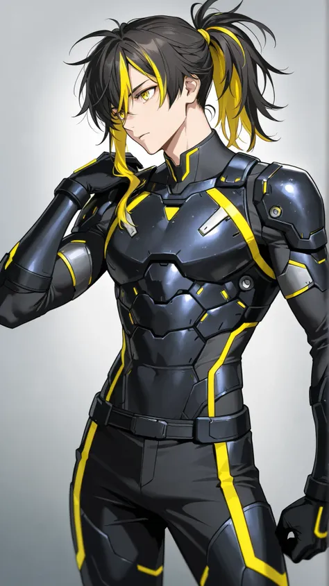 Man with shoulder length hair tied in a ponytail. The hair is mainly black with yellow streaks occasionally. The man also has yellow eyes, athletic build and is wearing black colored armor. Futuristic style. 