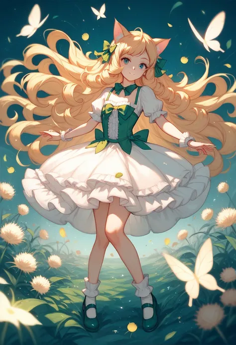 score_9, score_8_up, score_7_up, score_6_up, score_5_up, score_4_up, cat-eared girl with cat ears, blond curly hair, ruffled dresses, ribbons, socks, shoes, dancing dandelion fluff, fairy tale, fairy tale, dreamy, soft focus