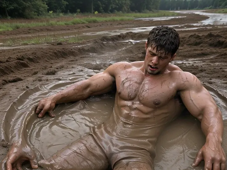 handsome, muscular and dirty shirtless man sinks in a thick mud pit past his shoulders while struggling to escape
