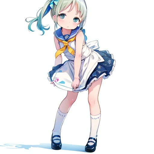 (front), Full Body Lesbian ,((white background)), is standing, girl ,whiteいhair,Aqua_hair,Aqua_eye,green_eye,  の毛をeyeの間に挟んで食べる, hair, 雪の結晶のhair飾り,  top quality ,  high res,(length_hair),white_ skirt ,green_ ties,white_Sailor_ dress,white_socks,真っ直ぐなhairの毛,...