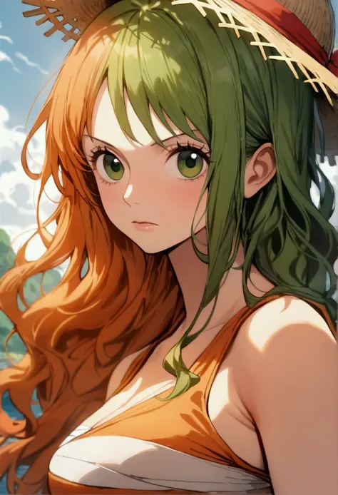 masterpiece, best quality), intricate details, 1 girl, woman, green hair, nami  (one piece), (long hair), shirt, white shirt, female focus, clothes, orange colour kimono, sarashi, nature, scenery, upper body, straw hat, ((front view)) ((close up shot)) ((s...