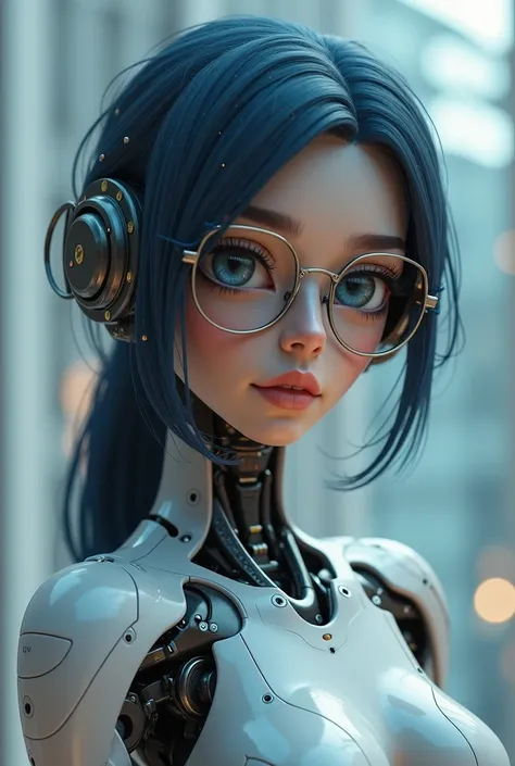 "A gynoid version of a mature, tall woman with dark blue, back-length hair.  Her eyes are large and expressive, but with a subtle, almost imperceptible, metallic glint showing experence.  She wears round, blue-framed glasses, but the frames are now sleek, ...