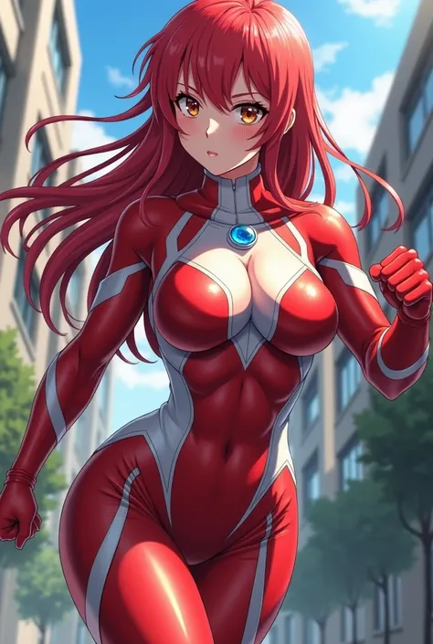 My Hero Academia Style , Anime girl, female, young female ,Full Body Shot,(fighting Pose:1.3),Long hair, Red Hair,  Brown Eyes,Hero Suit, Full Body Suit, red suit with white details,small round blue jewel in the center of the chest, perfect anatomy,  Tough...