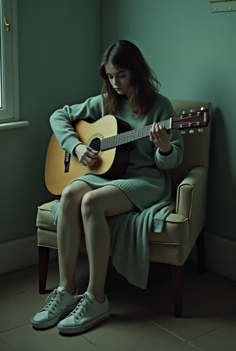 A surreal and provocative scene where a girl  playing guitar is sitting on a human figure instead of a chair. The figure is lifeless, with its body serving as an unconventional seat for the girl. She appears calm, almost indifferent, as she rests atop the ...