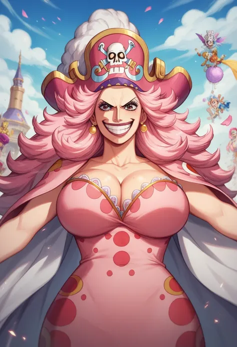 Create an image of a towering and powerful pirate queen with an aura of dominance and chaos. She has wild, flowing pastel-colored pink hair and a wide, menacing grin. Her outfit is flamboyant, featuring a vibrant dress with candy-themed patterns and gold a...