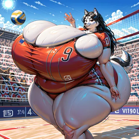 score_9, score_8_up, score_7_up, score_6_up, score_5_up, score_4_up, (detailed face and eyes:1.25), (1 female Siberian husky anthro:1.75), long hair, black hair, (realistic:1.25), (fluffy, beautiful, cool:1.25), tall, (at volleyball court, indoor arena, cr...