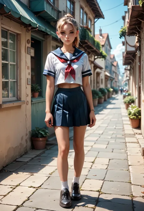  short girl,  sailor suit,  ponytail, standing, full body, Around town