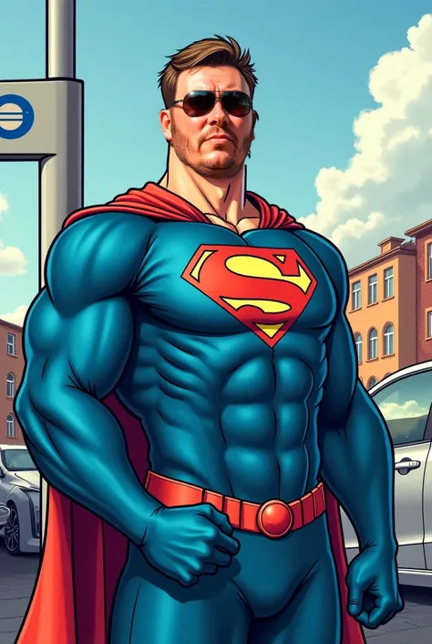  of the man in the picture , Who is a bit thicker, a not-so-muscular superhero in conjunction with a charging station for e-cars.  You should be able to recognize the face well .  You should see the whole body .  Please create the comic-style picture  