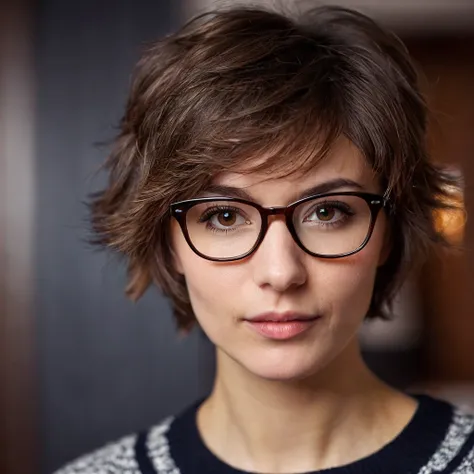 1 cute russian tomboy girl 39yo with tiny breast, beautiful rounded face, blurry, blurry background, (dark brown eyes), glasses, depth of field, eyelashes, indoors, sensual lips, looking at viewer, small cute wide nose, photo (medium), portrait, photoreali...